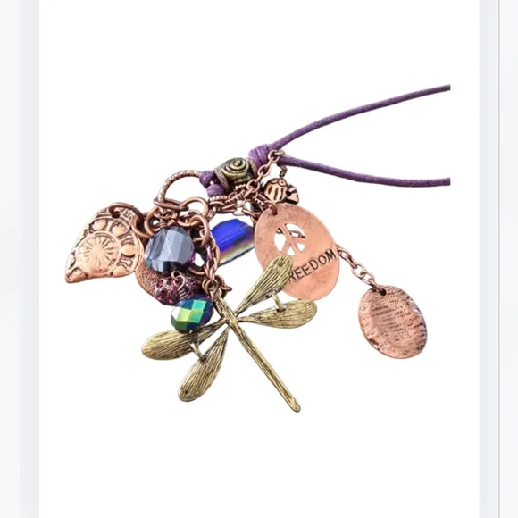 Anthropologie Mythologie Charm Necklace Dragonfly Freedom Peace Boho Purple Cord - Picture 5 of 8